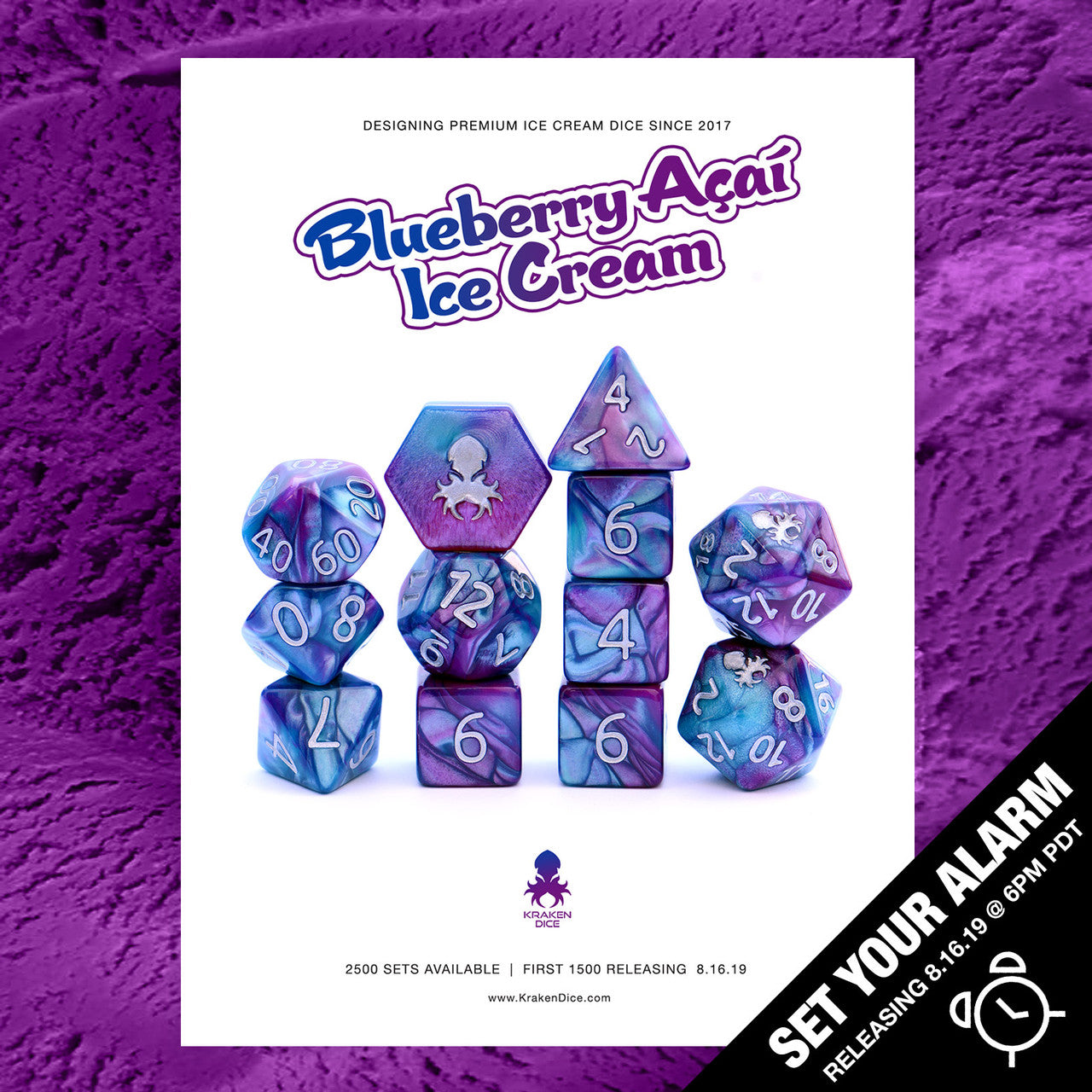 Blueberry Acai Ice Cream Dice 12pc RPG Dice Set  with Silver Ink